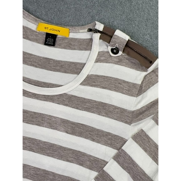 St John Blouse Women's Large Yellow Label Ivory Tan Stripe 3/4 Sleeve Zipper - Picture 4 of 10
